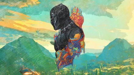 HD desktop wallpaper featuring Black Panther, combining elements from Marvel Comics and the Black Panther movie. The colorful, abstract depiction of the character stands prominently against a vibrant landscape.