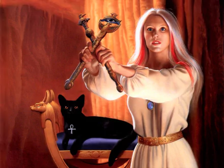 A fantasy-themed HD PC desktop wallpaper of an Egyptian sorceress wielding magical staffs, with a black cat lounging on an ornate throne-like chair.