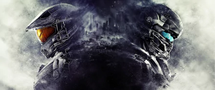 HD PC desktop wallpaper featuring intense artwork from the video game Halo 5: Guardians, showcasing two armored Spartan soldiers facing opposite directions against a dark cityscape.