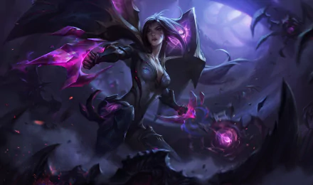 HD desktop wallpaper featuring Kai'Sa from League of Legends, depicted in an action pose surrounded by a dark, mystical atmosphere with glowing purple elements.