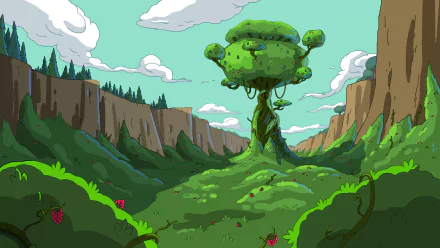 4K Ultra HD desktop wallpaper featuring a vibrant green landscape with a large, whimsical tree in the center, inspired by the TV show Adventure Time.