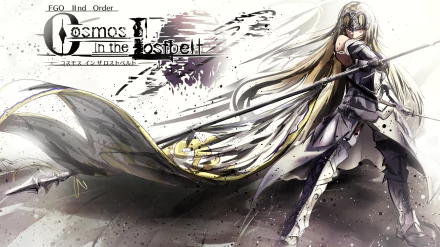 HD desktop wallpaper featuring Jeanne d'Arc from Fate/Grand Order, depicted as a blonde warrior with red eyes, long hair, armor, sword, and lance in dynamic anime style.