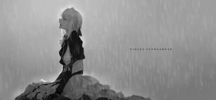 A black and white HD wallpaper featuring Violet Evergarden, an anime character, sitting in the rain. Text Violet Evergarden is displayed to the right.