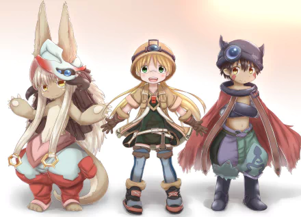 HD desktop wallpaper featuring Nanachi, Riko, and Regu from the anime Made in Abyss. The characters are shown standing together with a soft background.
