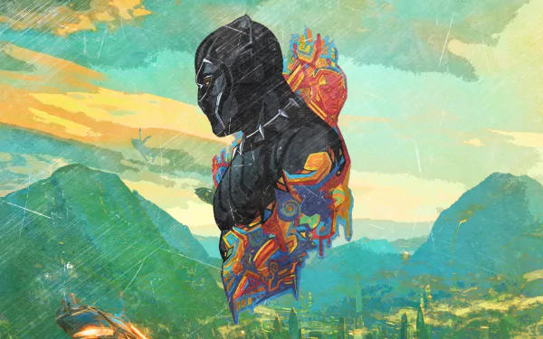 HD desktop wallpaper featuring Black Panther, combining elements from Marvel Comics and the Black Panther movie. The colorful, abstract depiction of the character stands prominently against a vibrant landscape.