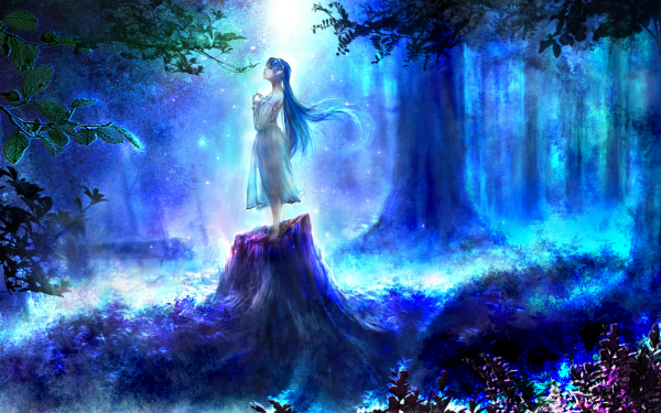 Fantasy Women Forest Night Tree Long Hair Blue Hair Elf HD Wallpaper | Background Image