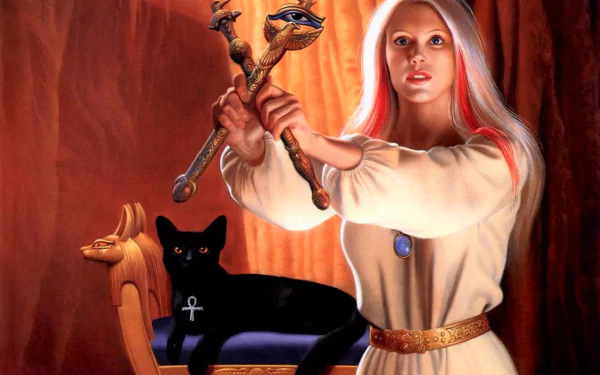 A fantasy-themed HD PC desktop wallpaper of an Egyptian sorceress wielding magical staffs, with a black cat lounging on an ornate throne-like chair.