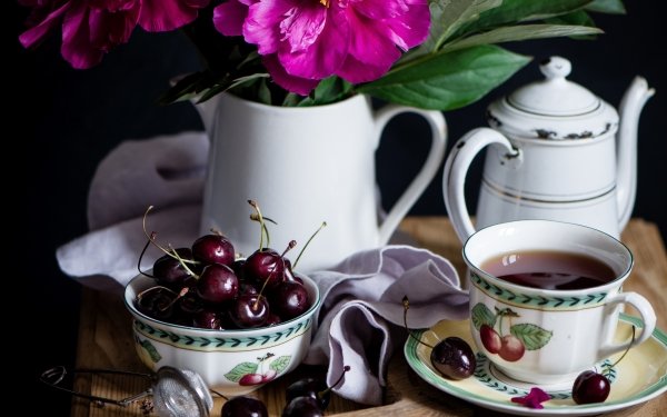 Food Tea Cup Cherry Fruit Still Life HD Wallpaper | Background Image