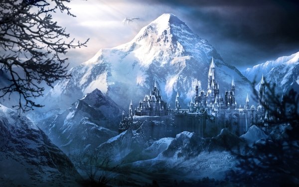Fantasy City Mountain Winter Dragon Sunbeam HD Wallpaper | Background Image
