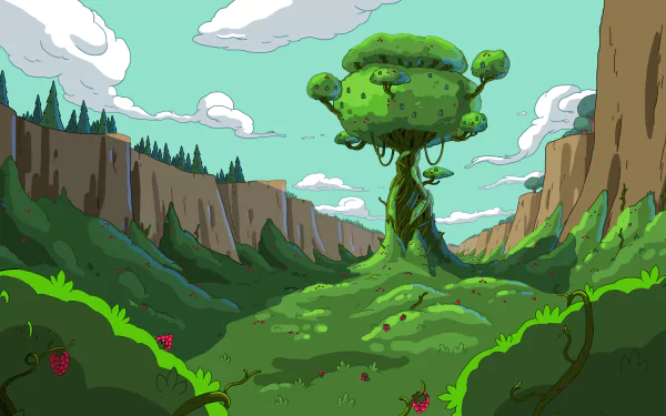 4K Ultra HD desktop wallpaper featuring a vibrant green landscape with a large, whimsical tree in the center, inspired by the TV show Adventure Time.