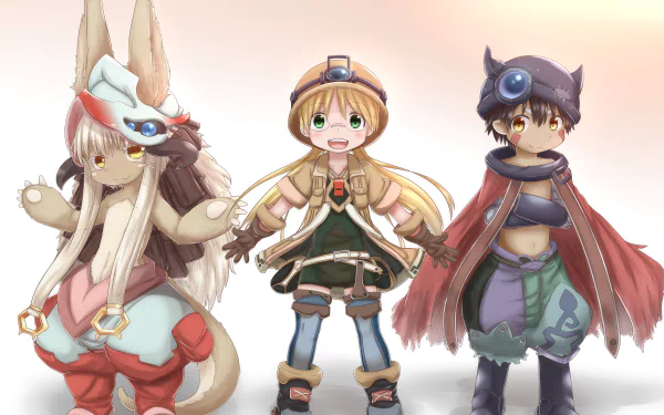 HD desktop wallpaper featuring Nanachi, Riko, and Regu from the anime Made in Abyss. The characters are shown standing together with a soft background.