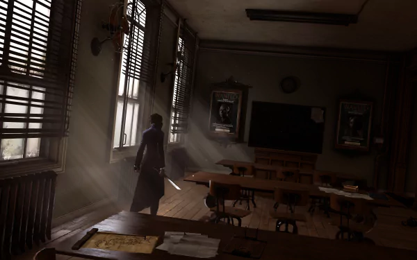 Video game Dishonored 2 8K Ultra HD PC desktop wallpaper: moody classroom bathed in sunbeams through blinds, lone cloaked figure at the window, empty desks and scattered papers.