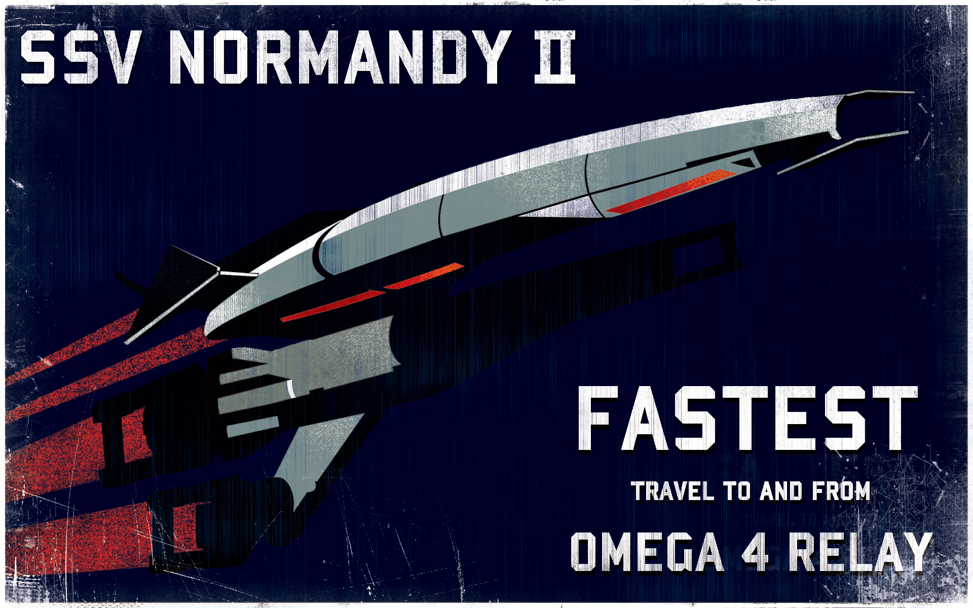 Vintage style HD wallpaper featuring SSV Normandy SR-2 from the Mass Effect series, captioned 'FASTEST - Travel To and From Omega 4 Relay' on a dark starry background for desktop.