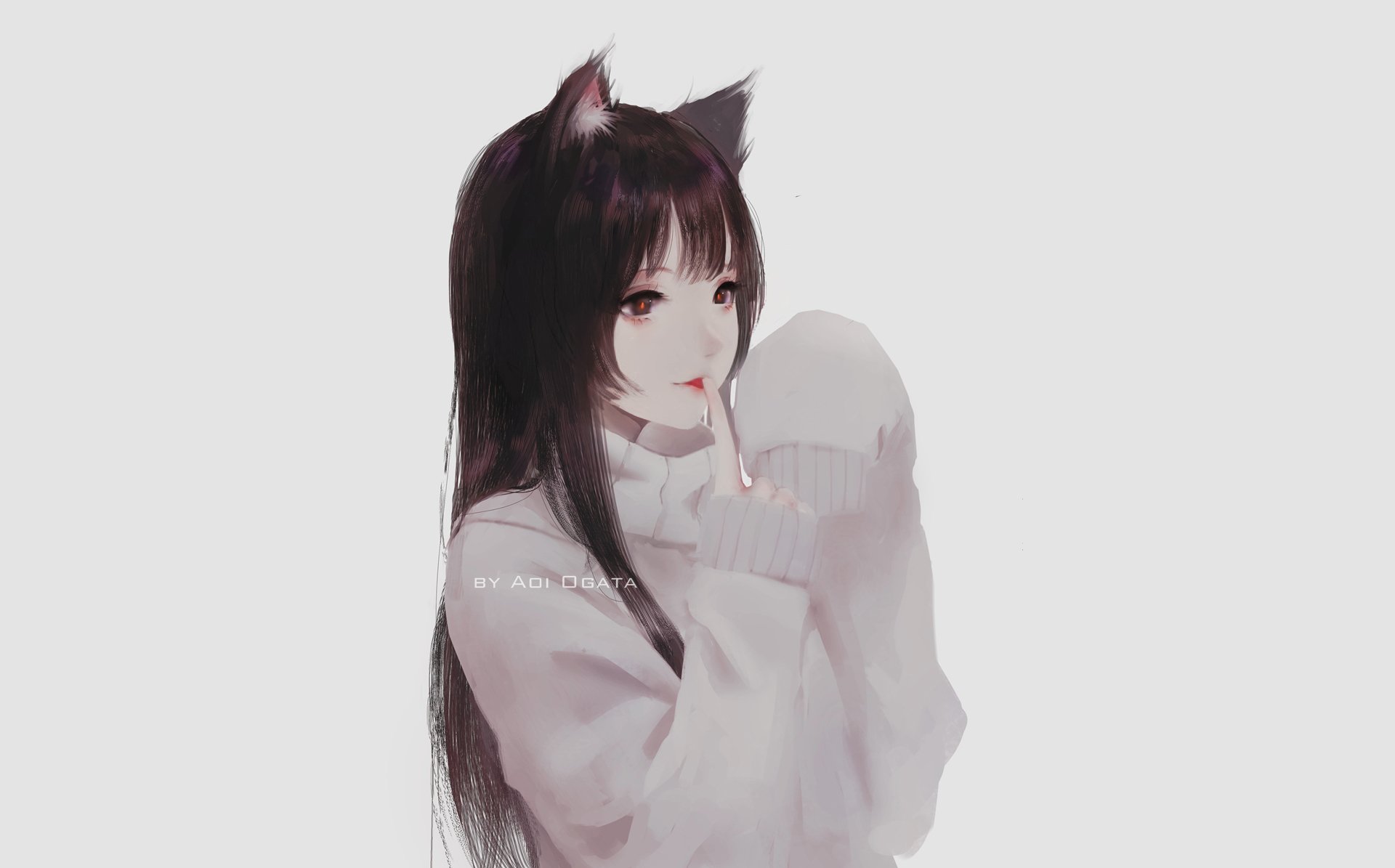 HD anime desktop wallpaper featuring a girl with long dark hair and cat ears, wearing a cozy white sweater, set against a simple light background.