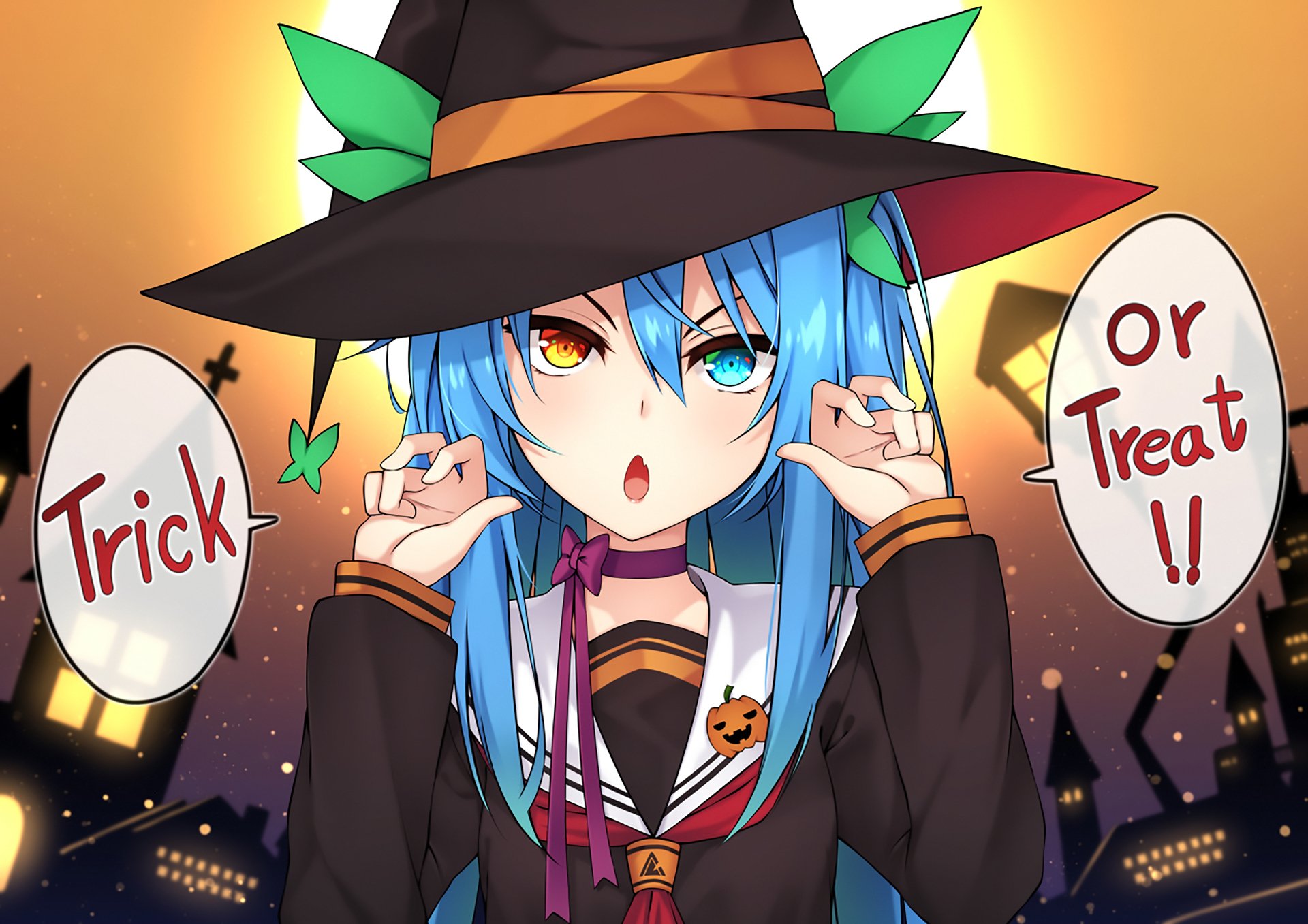 HD anime desktop wallpaper featuring an original character with blue hair and heterochromia, dressed in a Halloween-themed outfit saying Trick or Treat.