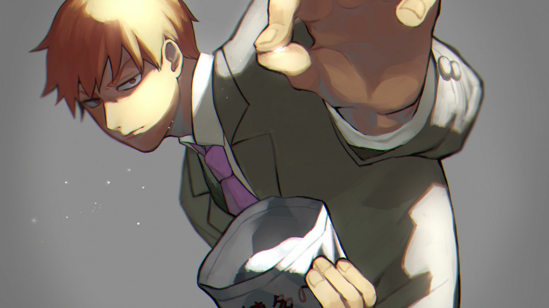 HD desktop wallpaper of anime character Arataka Reigen from Mob Psycho 100, depicted reaching forward wearing a suit and tie.