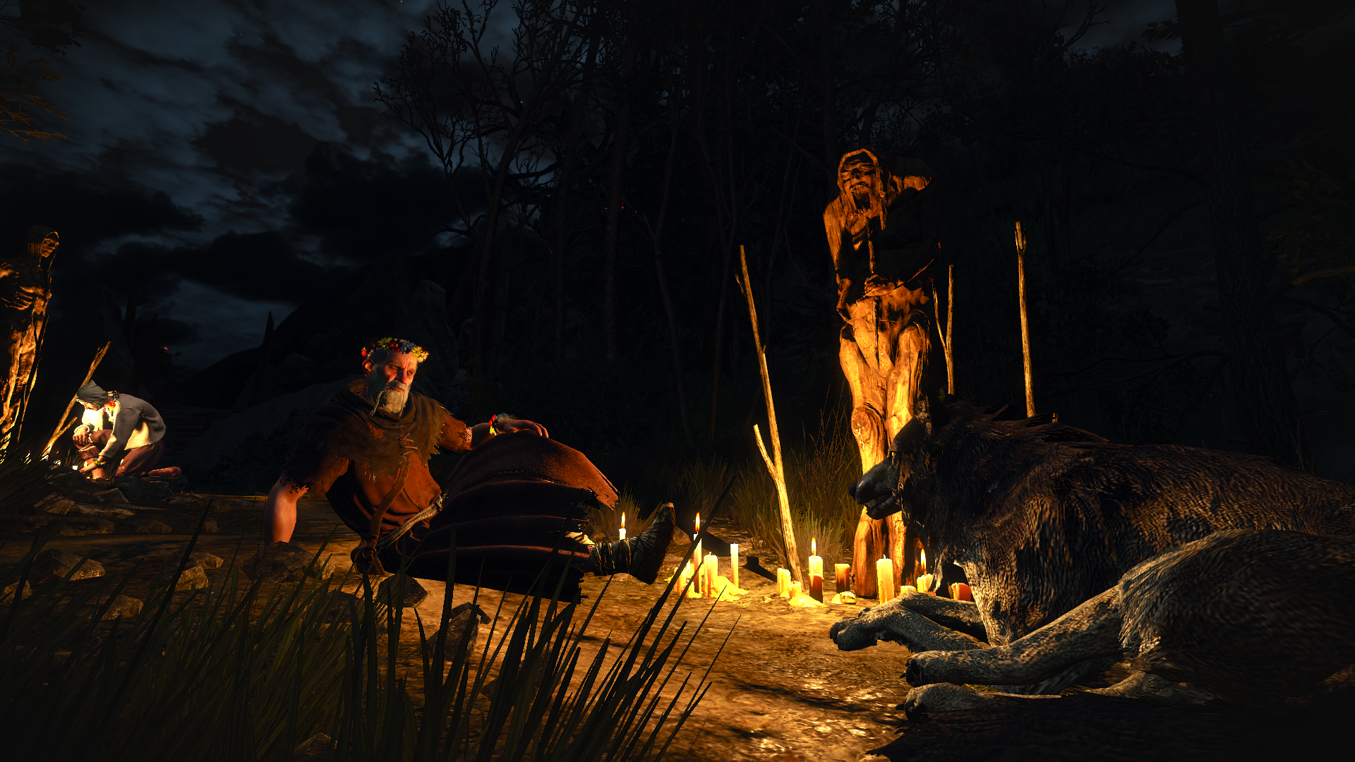 HD PC desktop wallpaper from The Witcher 3: Wild Hunt, depicting a campfire scene with characters and a large wolf under a dark, moody night sky.