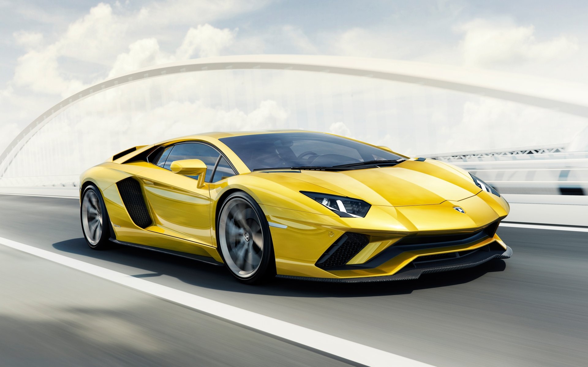 Yellow Lamborghini Aventador S supercar speeding on a modern highway under a bright sky, captured in stunning 4K Ultra HD detail.