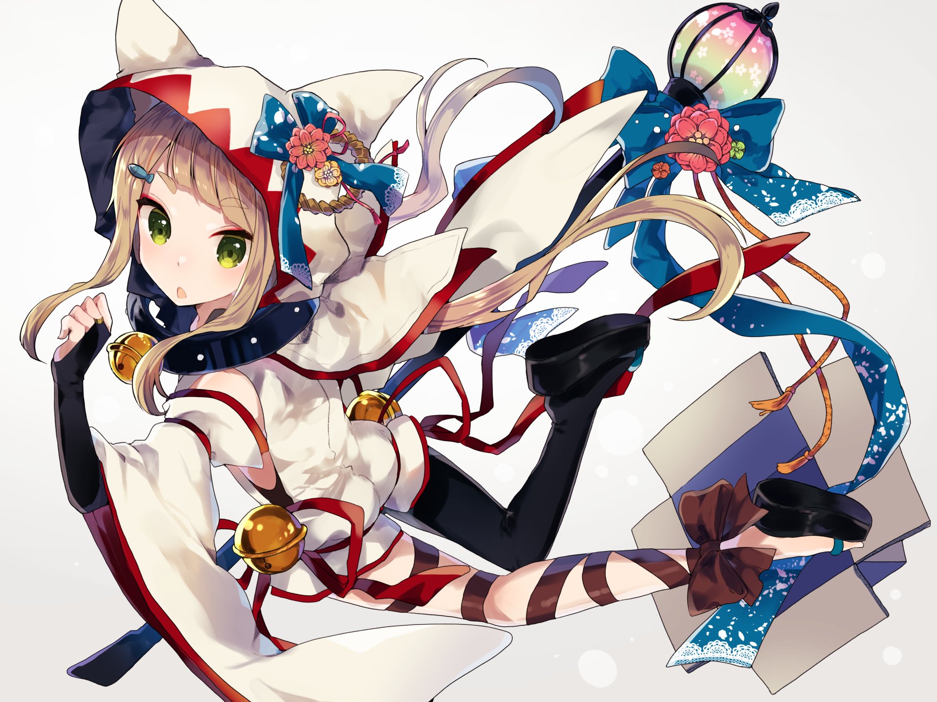 HD PC desktop wallpaper featuring an original anime character in dynamic pose, wearing a detailed outfit with ribbons, bells, and vibrant accessories.
