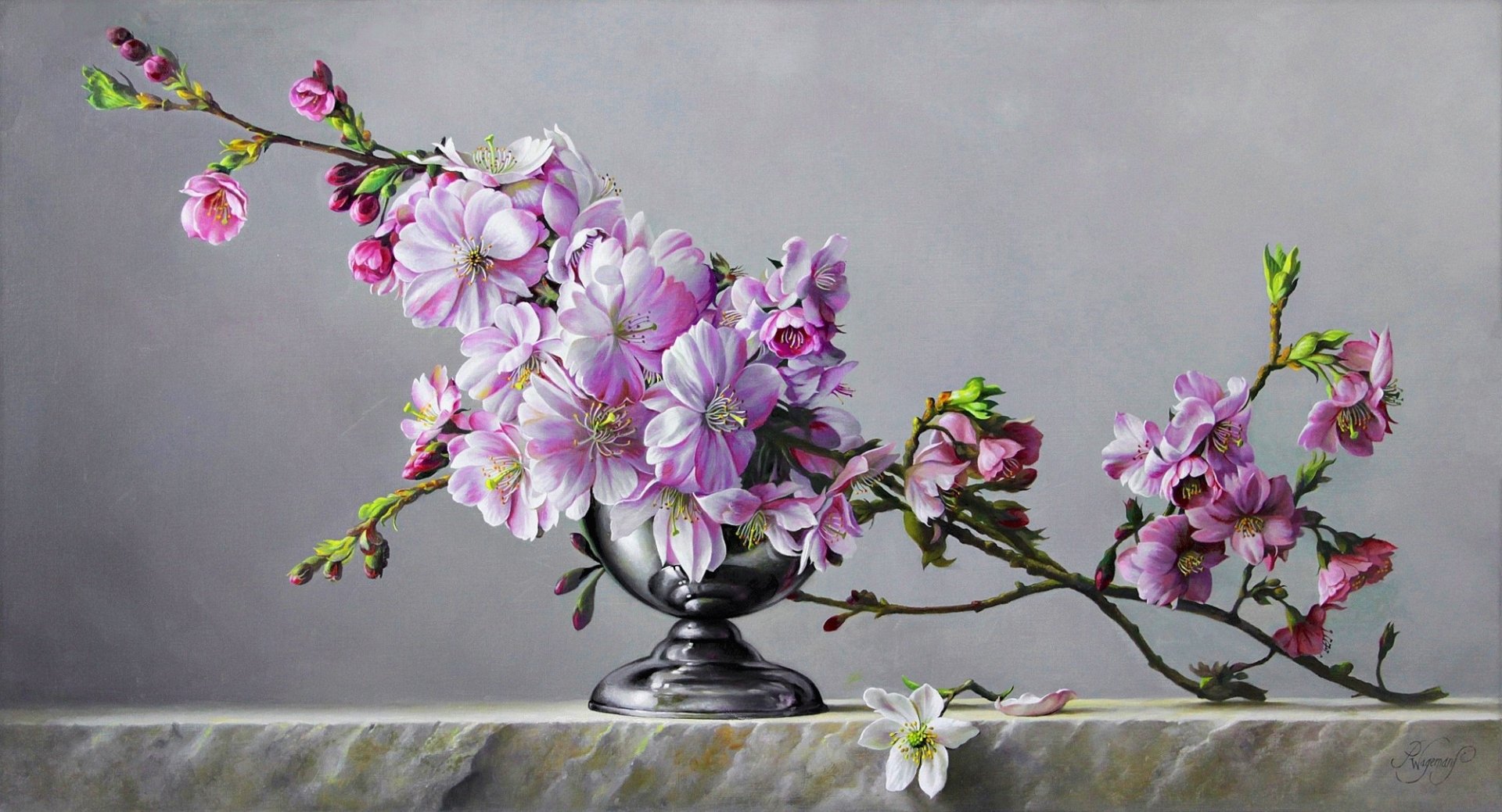 A still life HD desktop wallpaper featuring a purple flower arrangement in a vase against a soft gray background, showcasing delicate photography details.