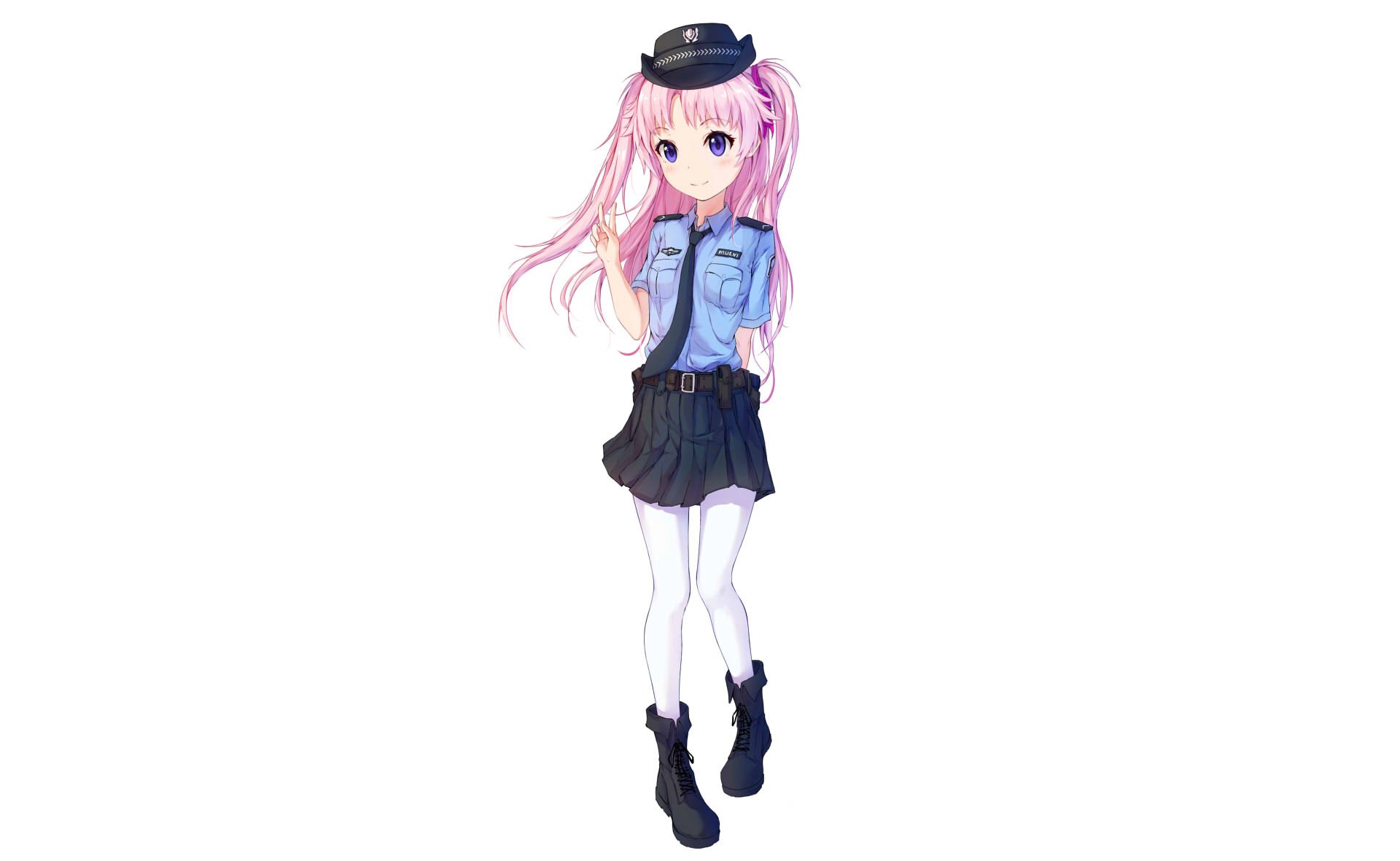 Download Long Hair Police Purple Eyes Pink Hair Skirt Uniform Anime Original HD Wallpaper by 四番目的蜘蛛