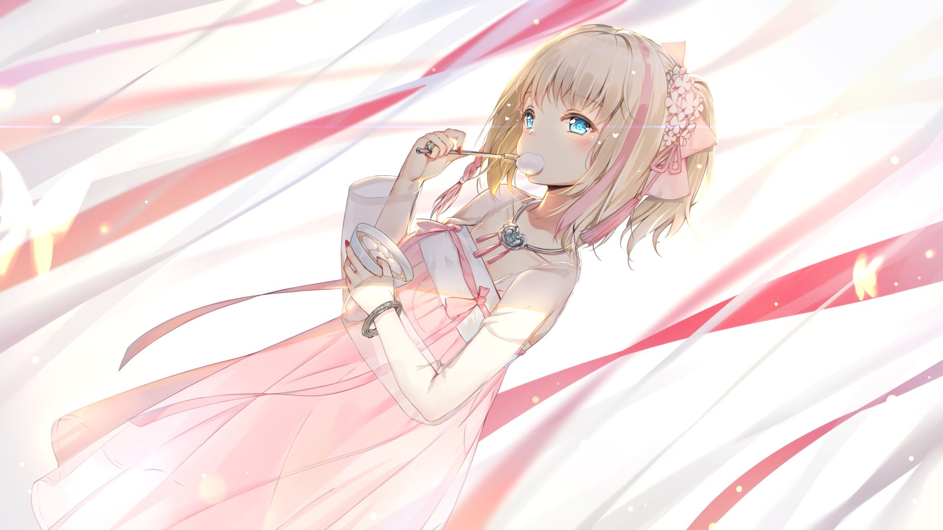 Anime-style HD desktop wallpaper featuring Richmond from Azur Lane with short blonde hair, aqua eyes, a blush, and a pink dress accented by a necklace.
