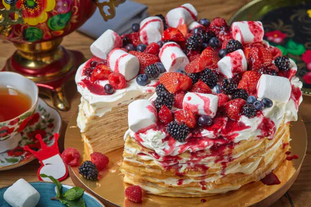 A stack of crêpes topped with whipped cream, marshmallows, and mixed berries including blueberries, strawberries, and raspberries, styled as a vibrant still life HD desktop wallpaper.