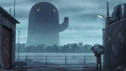 HD anime wallpaper depicting a rainy cityscape with an original design. In the foreground, a person holds an umbrella, while a large, shadowy figure looms over the distant skyline.