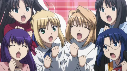 HD PC desktop wallpaper featuring vibrant anime characters from Carnival Phantasm, showcasing a lively group in school uniforms with expressive, joyful faces.