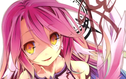 HD anime desktop wallpaper featuring Jibril from No Game No Life with vibrant pink hair and golden eyes, showcasing detailed artwork and dynamic colors.