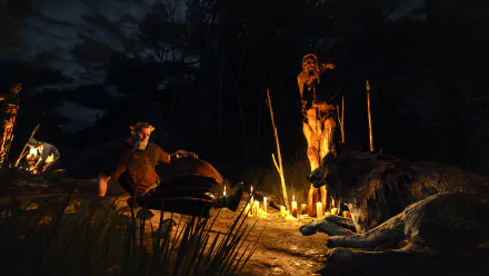 HD PC desktop wallpaper from The Witcher 3: Wild Hunt, depicting a campfire scene with characters and a large wolf under a dark, moody night sky.