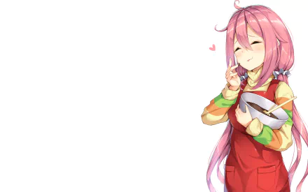 HD PC desktop wallpaper featuring Nadeshiko Kagamihara from the anime Laid-Back Camp, smiling with a peace sign and pink hair against a white background.