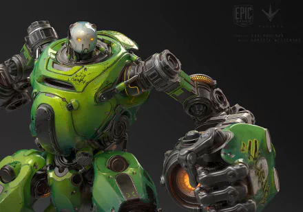 High-definition desktop wallpaper featuring Crunch, a robot character from the video game Paragon. The robot is showcased in a dynamic pose, highlighting its powerful design and vibrant green color.