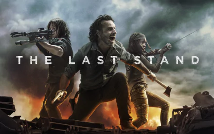 A 4K Ultra HD wallpaper of The Walking Dead featuring Rick Grimes, Daryl Dixon, and Michonne wielding sword and axe, set against a dramatic sky with The Last Stand text.