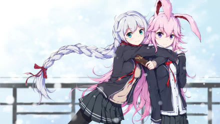 HD wallpaper featuring Yae Sakura and Kiana Kaslana from Benghuai Xueyuan. The girls, with braid, long white and pink hair, and animal ears, in school uniforms, are posed against a snowy backdrop.