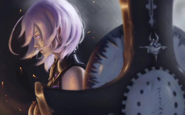 HD PC desktop wallpaper of Mashu Kyrielight from Fate/Grand Order: anime-style pensive profile with light purple hair, massive shield, glowing embers and a moody dark background.