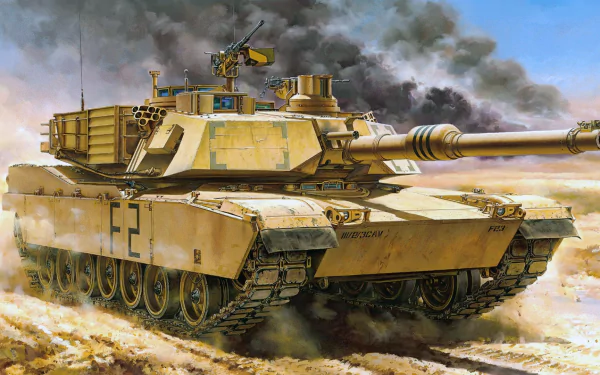 HD desktop wallpaper featuring a detailed illustration of an M1 Abrams military tank advancing through a smoky battlefield.