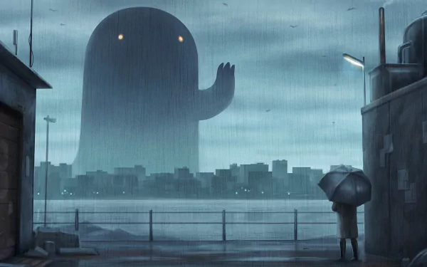 HD anime wallpaper depicting a rainy cityscape with an original design. In the foreground, a person holds an umbrella, while a large, shadowy figure looms over the distant skyline.