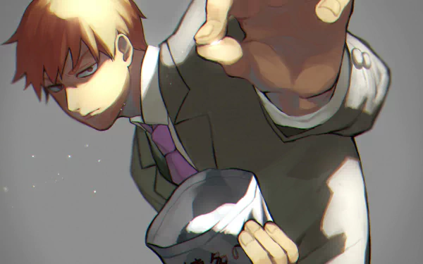 HD desktop wallpaper of anime character Arataka Reigen from Mob Psycho 100, depicted reaching forward wearing a suit and tie.