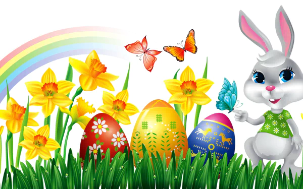 A colorful Easter scene in 4K Ultra HD featuring a bunny, decorated Easter eggs, daffodils, butterflies, green grass, and a vibrant rainbow background.