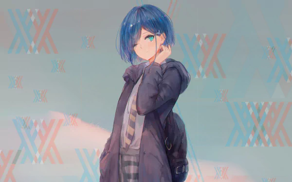 HD desktop wallpaper featuring Ichigo from the anime Darling in the FranXX. She stands with a soft smile, hand near her face, against a pastel background with the anime's logo.