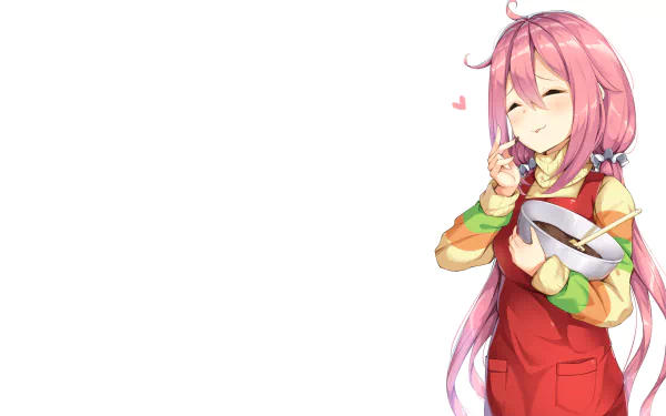 HD PC desktop wallpaper featuring Nadeshiko Kagamihara from the anime Laid-Back Camp, smiling with a peace sign and pink hair against a white background.