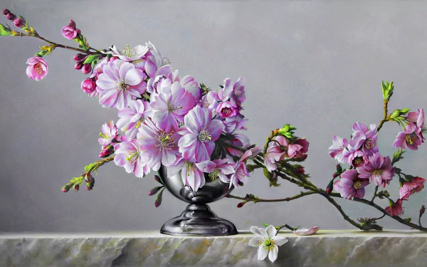 A still life HD desktop wallpaper featuring a purple flower arrangement in a vase against a soft gray background, showcasing delicate photography details.