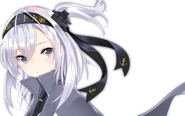 HD PC desktop wallpaper featuring Suzutsuki from Kantai Collection with white hair and a black ribbon adorned with anchor symbols.