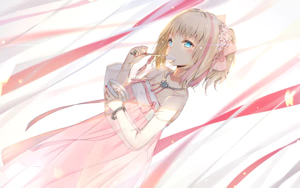 Anime-style HD desktop wallpaper featuring Richmond from Azur Lane with short blonde hair, aqua eyes, a blush, and a pink dress accented by a necklace.