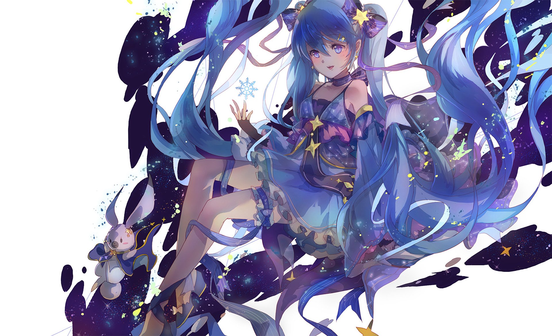 Hatsune Miku anime Vocaloid in an HD PC desktop wallpaper: vibrant blue twin-tails flowing around her, starry cosmic swirls and ribbons, ethereal floating pose with sparkles.