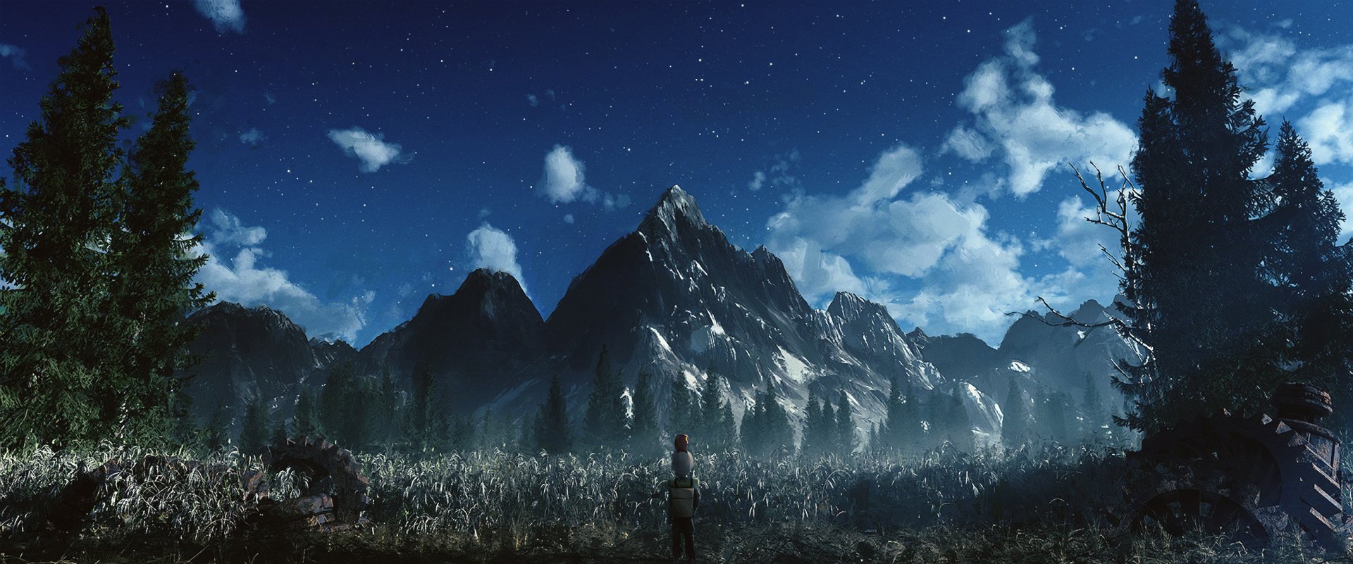 Anime-style HD desktop wallpaper featuring a lone figure standing in a field beneath a towering mountain and starry night sky with scattered clouds.