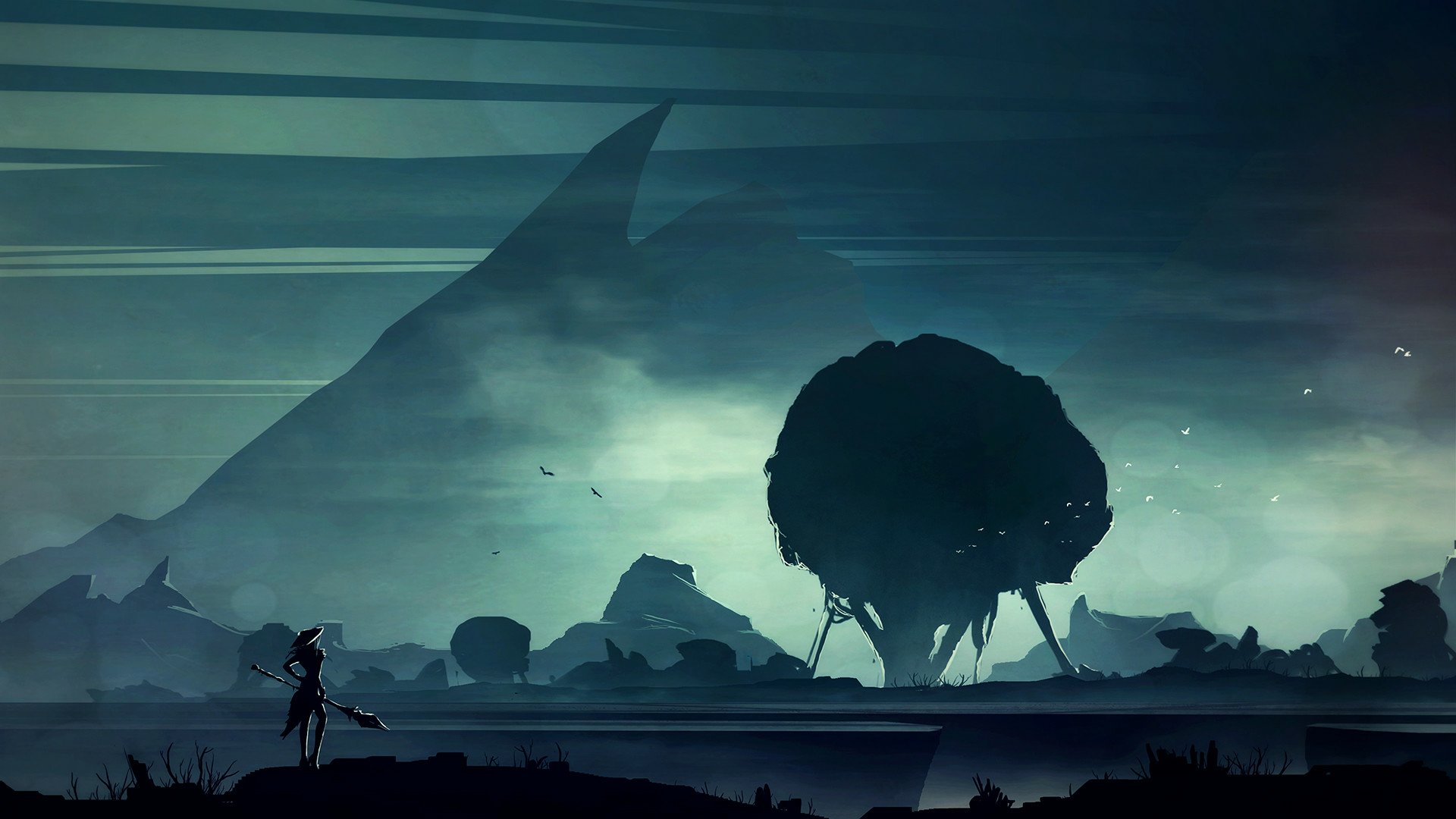 HD fantasy landscape wallpaper showing a large, ethereal tree against a misty background, with a solitary figure in the foreground. The scene has a mysterious, otherworldly feel.
