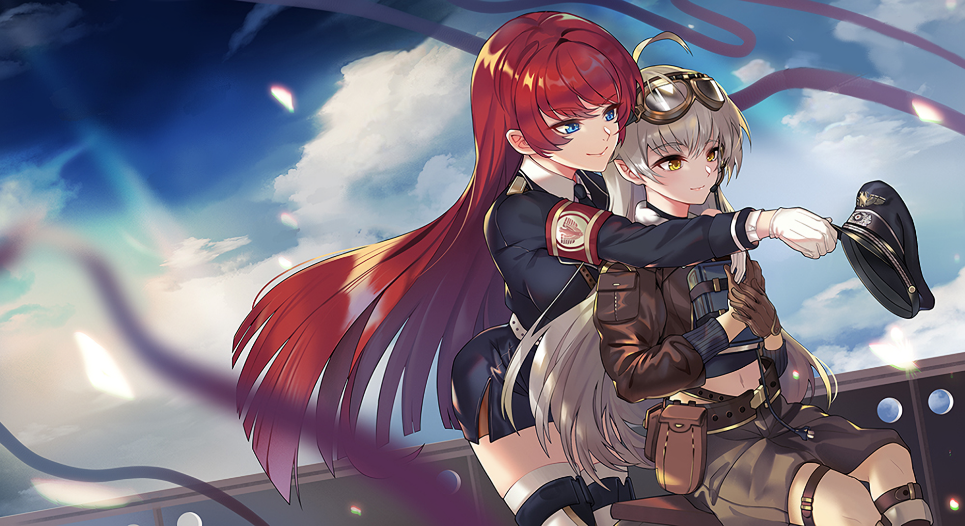 Anime-style HD desktop wallpaper featuring two characters: one with red hair and blue eyes in a uniform, and another with white hair and yellow eyes wearing goggles.