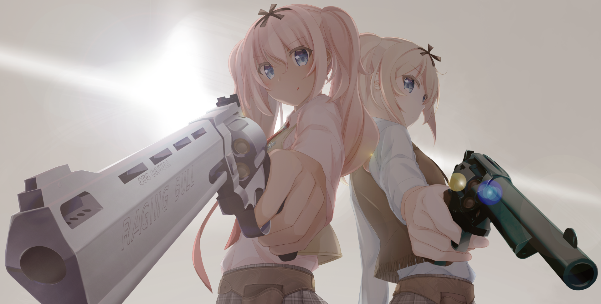 Anime illustration of two blonde characters with twintails, holding pistols. Both characters have determined expressions, with one pointing a white gun and the other a black gun. HD desktop wallpaper background.